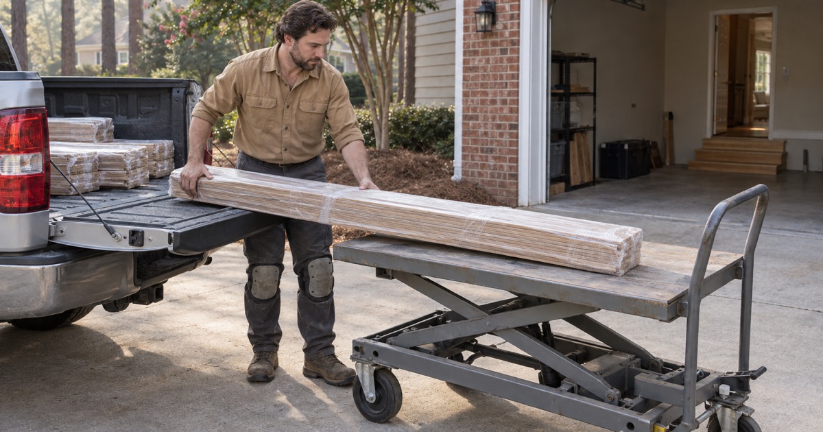 Worker sliding a bundle of oak flooring off a pickup tailgate onto a dolly in the driveway of a Marietta job site.