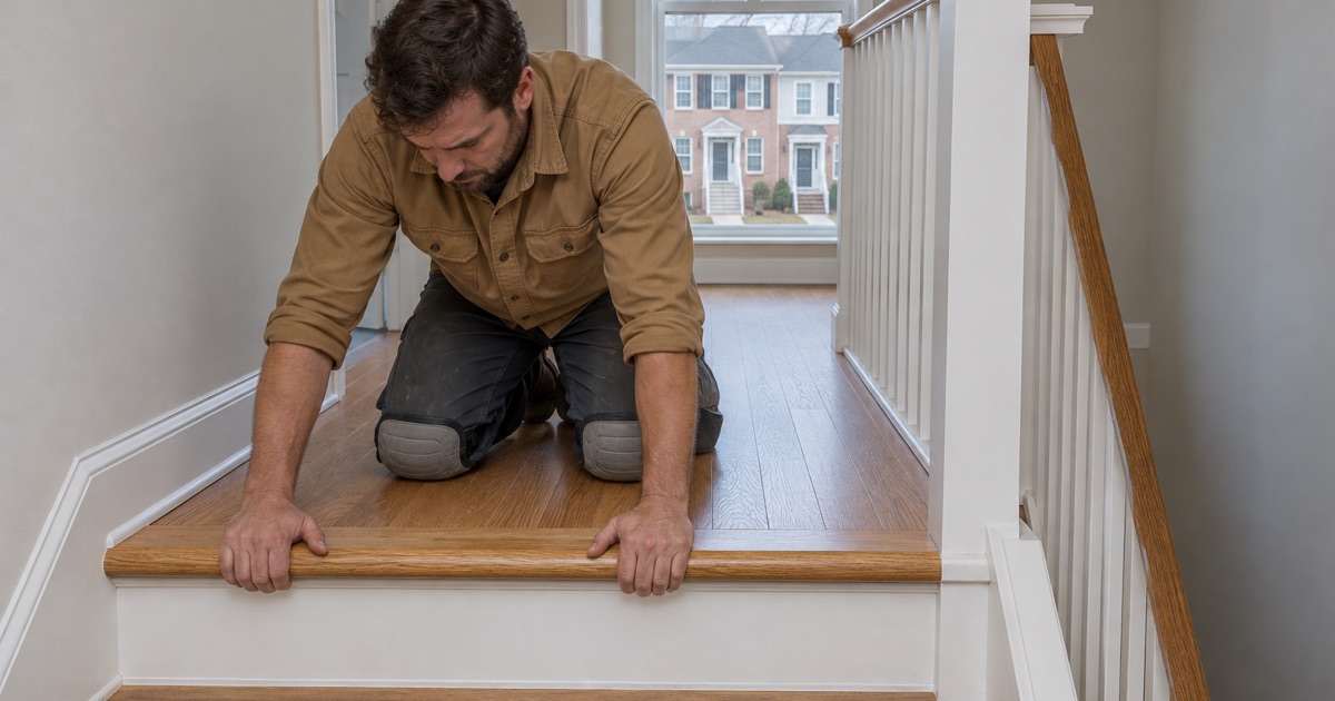 Worker fitting a new oak landing nosing at the top of the stairs in an empty Marietta rental townhouse between tenants.
