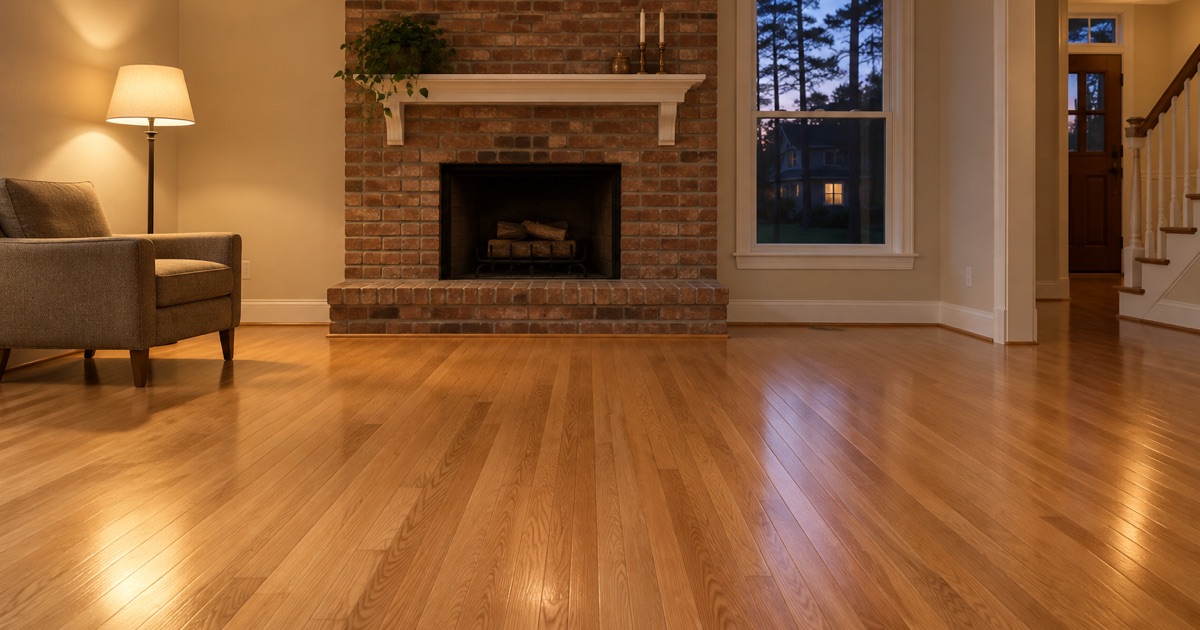 Refinished oak floor running toward a brick fireplace wall in the living room of a Marietta house at dusk.