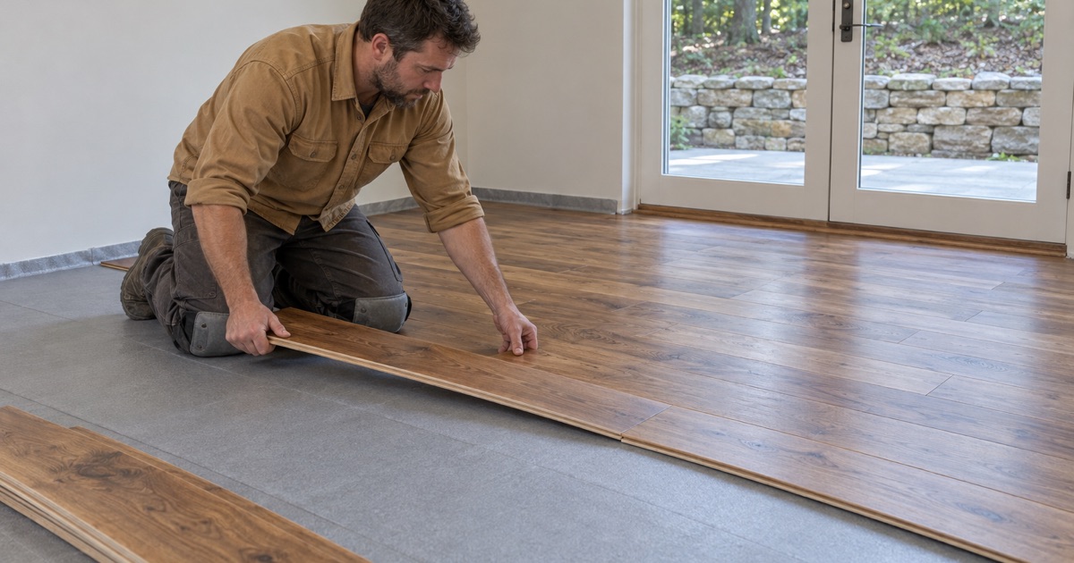 Worker angling an engineered hardwood plank into place over underlayment in the terrace-level room of a Marietta house.