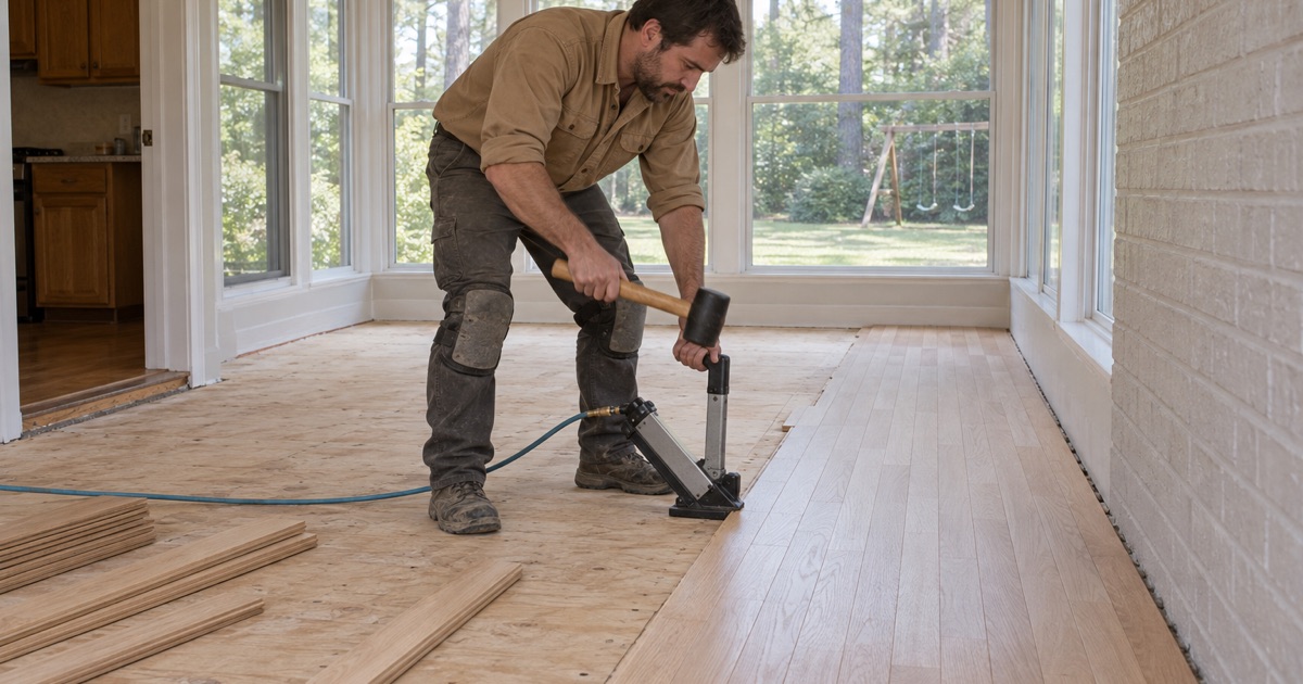 Worker striking a flooring nailer seated on the tongue of a solid oak board in a sunroom of a Marietta house.