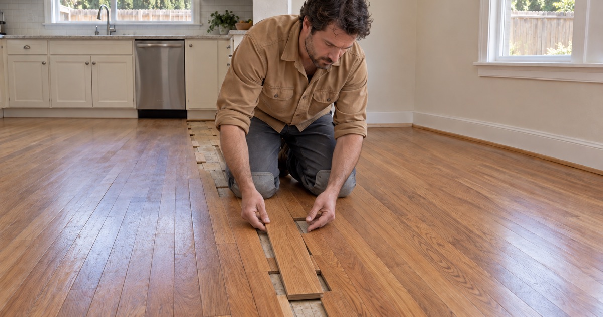 Worker weaving new oak boards across the strip where a wall was removed between a kitchen and dining room in a Marietta house.