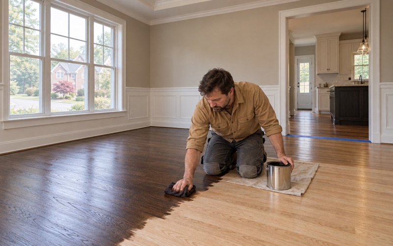 Worker wiping dark stain across sanded oak boards with a folded cloth in the dining room of a Marietta house.