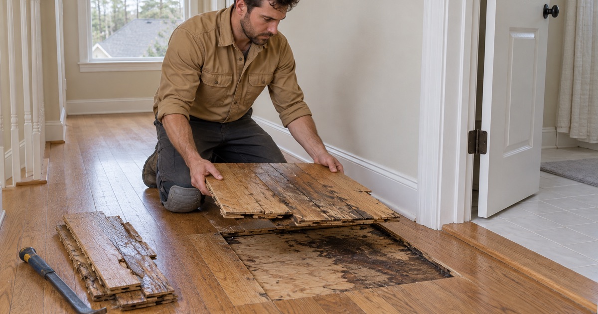 Worker lifting out a swollen, stained section of oak flooring in a hallway outside a bathroom in a Marietta house after a leak.
