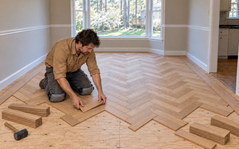 Worker setting white oak herringbone slats inside a border in the dining room of a Marietta house.