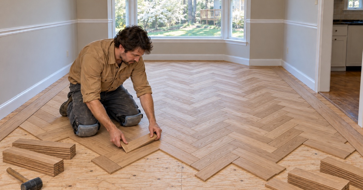 Worker setting white oak herringbone slats inside a border in the dining room of a Marietta house.