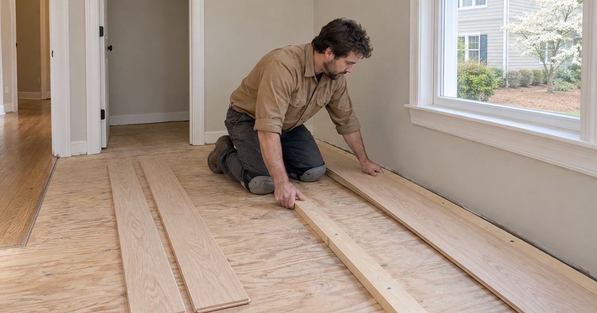 Worker setting the first row of new solid oak flooring against a straight guide board in a Marietta bedroom.