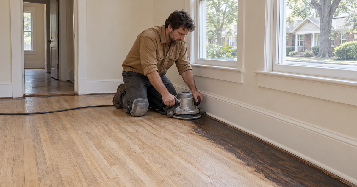 Worker running an edger along the wall where an old darkened finish is coming off narrow oak flooring in an older Marietta house.