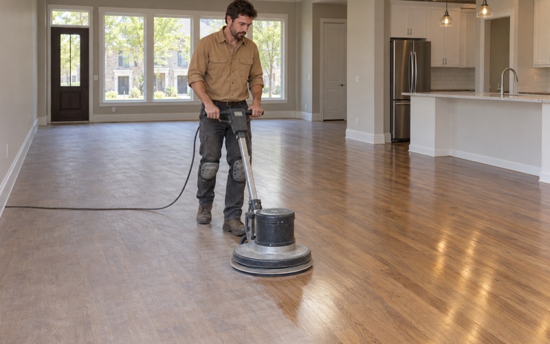 Worker running a floor buffer with a screening pad across a dull oak floor in the open main level of a Marietta townhouse.