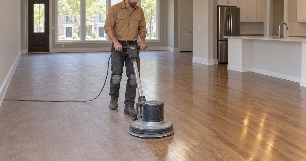 Worker running a floor buffer with a screening pad across a dull oak floor in the open main level of a Marietta townhouse.