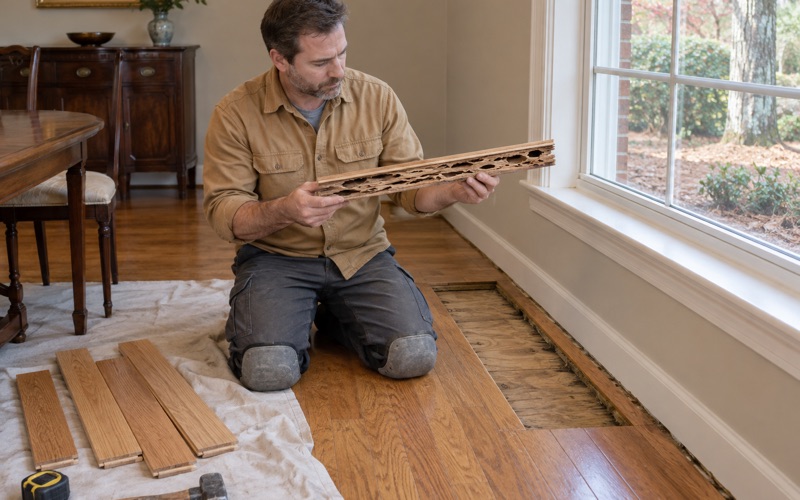 Worker holding a termite-damaged oak board with hollowed channels, cut out of a floor in a Marietta house after treatment.