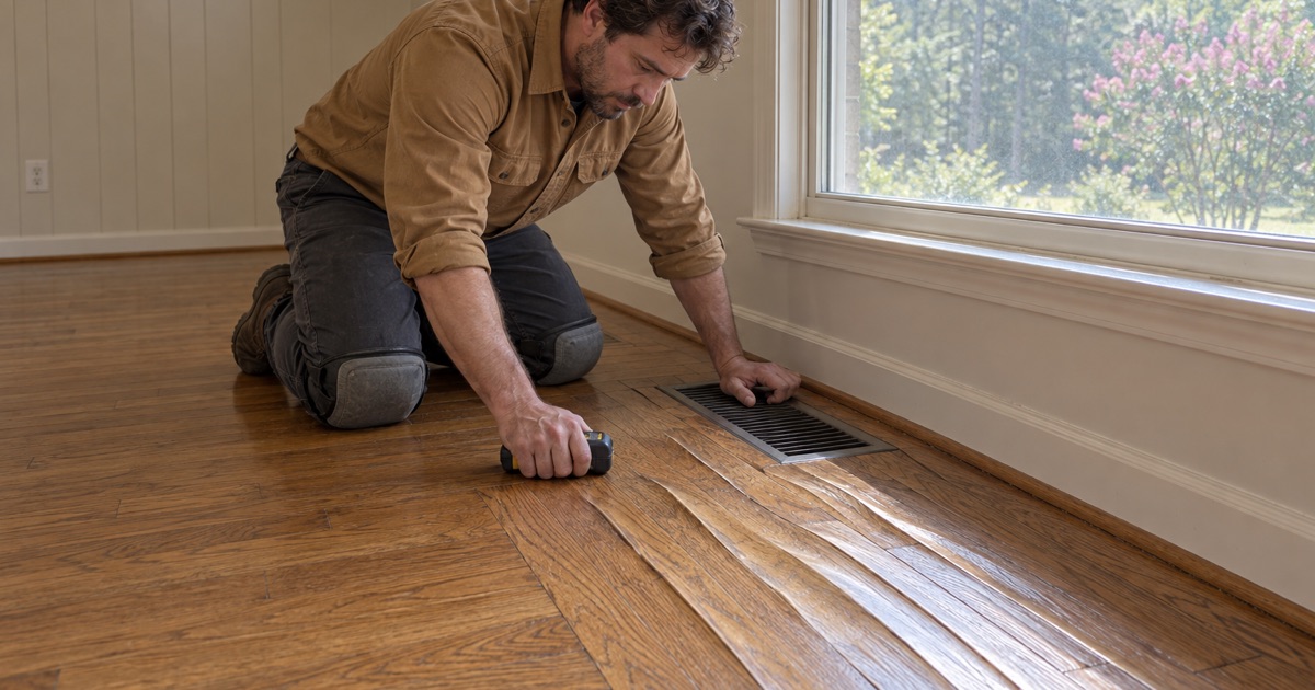 Worker pressing a moisture meter onto humidity-cupped oak boards beside a floor register in a Marietta den.
