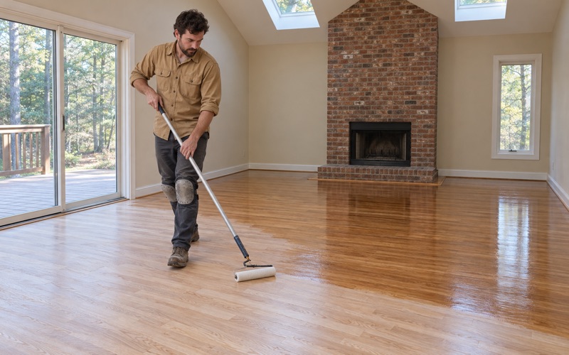 Worker walking backwards while rolling clear finish over sanded oak floors in the vaulted family room of a Marietta house.