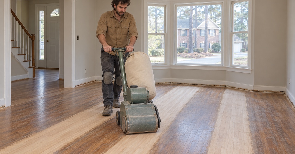 Worker guiding a drum sander down red oak strip flooring in the living room of a 1980s two-story house in Marietta.